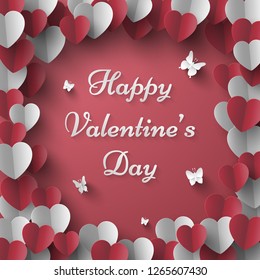 Origami Paper art of Text of Valentine's day with butterfly on pink background, Love and Happy Valentine's Day