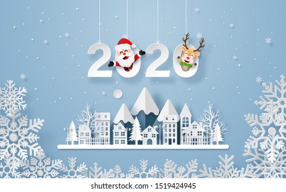 Origami paper art of Urban Countryside Landscape in winter season, Merry Christmas and Happy New Year
