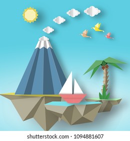 Origami Paper artistic applique with soars islands on which there are ship, volcano, palm. Artwork nature cutout concept. Cut out template elements, symbols for cards. Vector Illustrations Art Design.