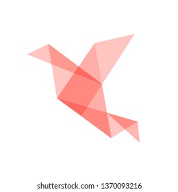 Origami paper bird Coral color transparent on a white background 
