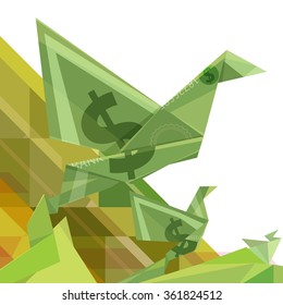 Origami Paper Bird Dollar Money Bill On Background, Vector, Illustration  