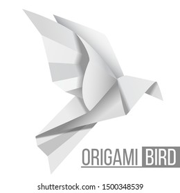 Origami paper bird. Flying figure of pigeon isolated on white background. Polygonal shape. Japanese Art of paper folding. Vector illustration.