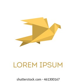 Origami paper bird icon or logo in a flat style. Vector illustration of pigeon or dove on a white background. Polygonal shape. Paper figure on flight.