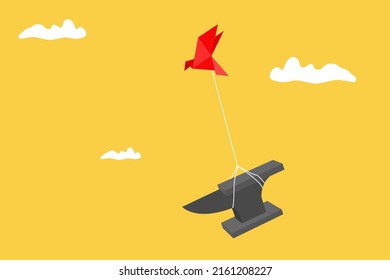 Origami Paper Bird Lifting Heavy Iron Anvil. Concept Of Difficult Business.