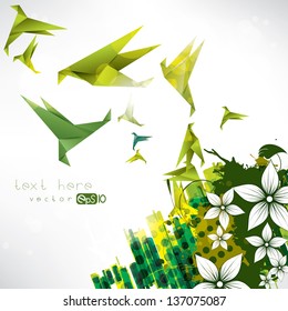 Origami paper bird on abstract background