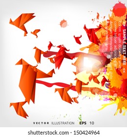 Origami paper bird on abstract background