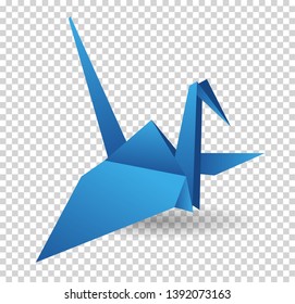 Origami paper bird. Vector illustration. Polygonal shape. Art of paper folding. Japan origami crane, pigeon. Flying bird on abstract background. History of origami. Paper figures in flight.