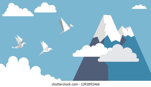 Origami paper birds in a flat style. Vector illustration of pigeons,cloud and mountain on a blue background