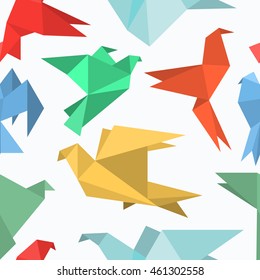 Origami paper birds in a flat style. Seamless pattern of pigeons / doves / colibri / hummingbirds set on a light background. Polygonal shape. Paper figures on flight. Vector illustration.