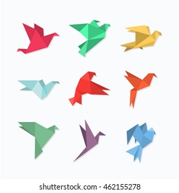 Origami paper birds in a flat style. Vector illustration of pigeons / doves / colibri / hummingbirds set on a light background. Polygonal shape. Paper figures on flight.