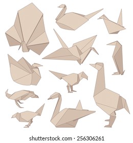 Origami paper birds, vector set.
