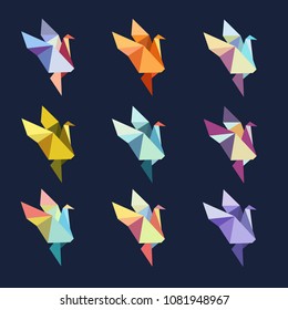 Origami paper bird.Vector illustration.Polygonal shape.Art of paper folding. Bird on abstract background.