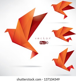 Origami paper bird.Vector illustration.Polygonal shape.Art of paper folding.Japan origami crane,pigeon. Flying bird on abstract background.History of origami.Paper figures in flight.