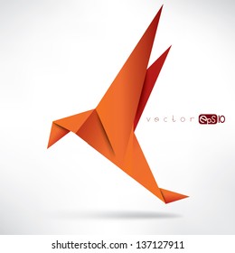 Origami paper bird.Vector illustration.Polygonal shape.Art of paper folding.Japan origami crane,pigeon. Flying bird on abstract background.History of origami.Paper figures in flight.