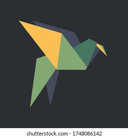 Origami paper bird.Vector illustration.Polygonal shape.Art of paper folding.Flying bird on black background.
