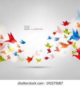 Origami paper bird.Vector illustration.Polygonal shape.Art of paper folding.Japan origami crane,pigeon. Flying bird on abstract background.History of origami.Paper figures in flight.