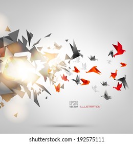 Origami paper bird.Vector illustration.Polygonal shape.Art of paper folding.Japan origami crane,pigeon. Flying bird on abstract background.History of origami.Paper figures in flight.