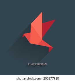 Origami paper bird.Vector illustration.Polygonal shape.Art of paper folding.Japan origami crane,pigeon. Flying bird on abstract background.History of origami.Paper figures in flight.