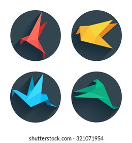 Origami paper bird.Vector illustration.Polygonal shape.Art of paper folding.Japan origami crane,pigeon. Flying bird on abstract background.History of origami.Paper figures in flight.