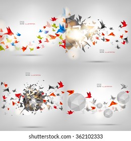 Origami paper bird.Vector illustration.Polygonal shape.Art of paper folding.Japan origami crane,pigeon. Flying bird on abstract background.History of origami.Paper figures in flight.