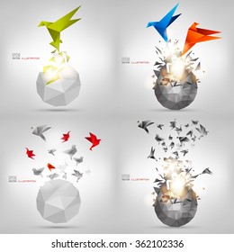 Origami paper bird.Vector illustration.Polygonal shape.Art of paper folding.Japan origami crane,pigeon. Flying bird on abstract background.History of origami.Paper figures in flight.