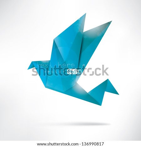 Origami paper bird.Vector illustration.Polygonal shape.Art of paper folding.Japan origami crane,pigeon. Flying bird on abstract background.History of origami.Paper figures in flight.