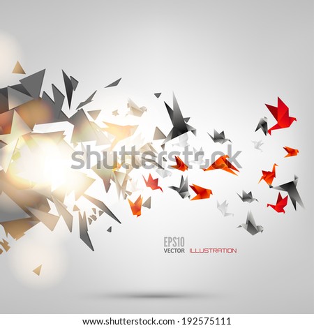 Origami paper bird.Vector illustration.Polygonal shape.Art of paper folding.Japan origami crane,pigeon. Flying bird on abstract background.History of origami.Paper figures in flight.