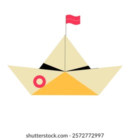 Origami Paper Boat With Flag In Flat Vector Illustration Symbolizing Creativity, Imagination, And Childhood Fun, Isolated On White Background.