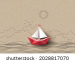 Origami paper boat floating on ocean in neutral tone, minimalist style.