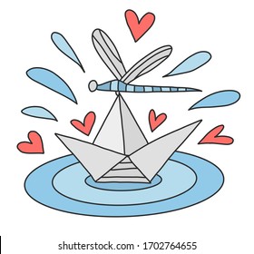 Origami paper boat floats in a puddle. Children s fun, game, entertainment. Dragonfly is sitting on a boat. Illustration in cartoon style isolated on white background. Print for clothes or flying