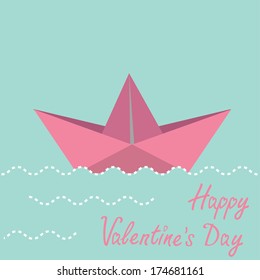 Origami paper boat.  Happy Valentines day card . Vector illustration.