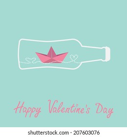 Origami paper boat and heart wave inside beer bottle. Valentines day card. Vector illustration