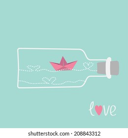 Origami paper boat and heart wave inside wine bottle. Love card. Vector illustration