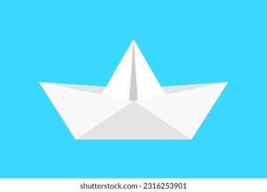 Origami paper boat isolated on a blue background. White ship made of folded paper icon. Sailing concept. Arts and crafts. Summer activities. Wanderlust and traveling idea. Vector illustration. 