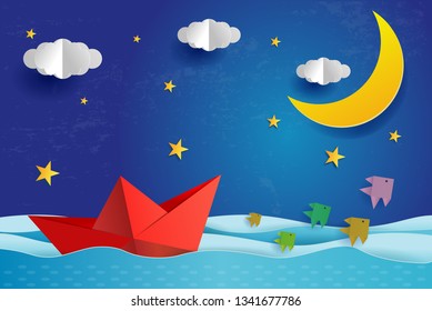 origami Paper boat at night on blue sea ocean. Surreal seascape with full moon with clouds and star, paper art and digital craft style, leadership concept, flat Vector illustration.