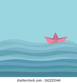 Origami paper boat and ocean sea waves. Flat design Love card. Vector illustration.