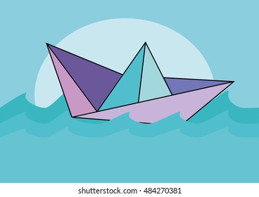 Origami paper boat on of blue sea wave. Vector illustration. 