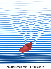 Origami paper boat sailing on water causing waves and ripples. Vector illustration.