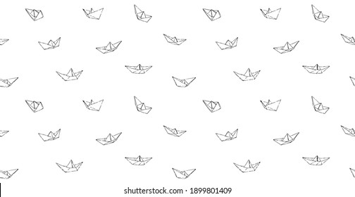 Patrón sin fisuras del barco de papel original. Impresión vectorial interminable con icono de envío dibujado a mano. Ilustración de dibujo de tinta aislada en fondo blanco.
