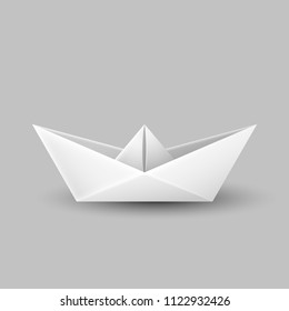 Origami paper boat, ship isolated on gray background 