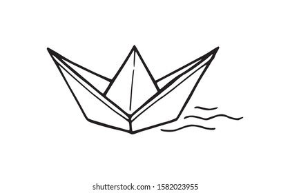 Origami paper boat traveling, single outline vector illustration logo icon. Simple folded toy ship hand drawn cartoon sketch. Souvenir marine symbol sail in the sea water vector graphic contour.