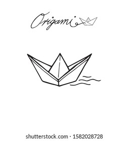 Origami paper boat traveling, single outline vector illustration logo icon. Simple toy ship hand drawn cartoon sketch with letter text. Souvenir symbol sail in the sea water vector graphic contour.