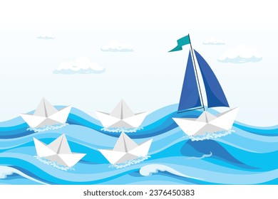 Origami paper boats competition with extra innovative sailing leader, be different or innovative to win business competition, competitive advantage, leadership or skill to achieve success (Vector)
