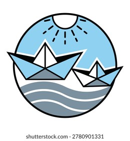 Origami paper boats floating on wavy water under sunny blue sky icon - Powered by Shutterstock - Get 15% off with code: PIKWIZARD15