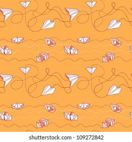 Origami paper boats and paper planes seamless pattern. Paper models of planes. Paper models of boats.