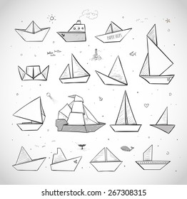 Origami paper boats sketches on white background. Paper sailing ships, steamboats, yachts, boats.