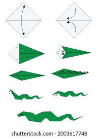 Origami paper craft of animal snake. Instructions and steps to making snake from paper craft. Creative education for kids