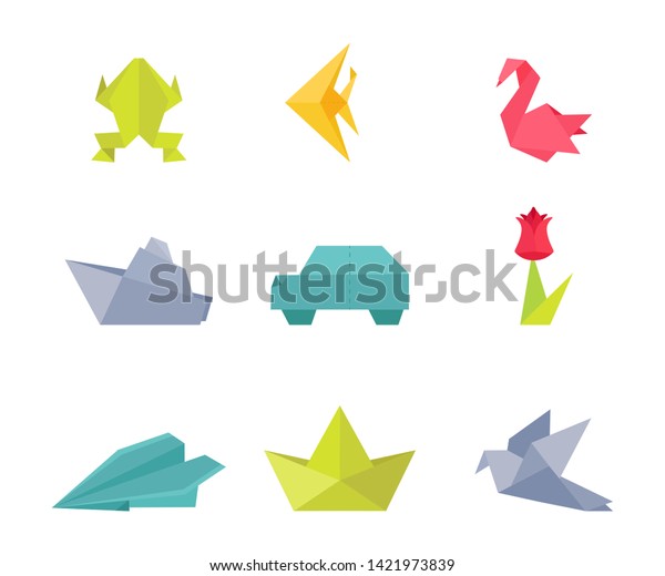 Origami, paper crafts vector illustrations set.
Frog, fish, swan and dove. Traditional oriental art, artistic
hobby. Car, ship, plane and flower. Handmade decorations. Animals
and vehicles