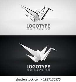 Origami paper crane Bird Grayscale icon or logo Design. White isolated logo origami abstract polygon icon designs vector illustration flat style. Paper Bird Symbol Logo. Vector Illustration papercrane