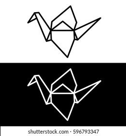 Origami paper crane symbol on white and black background. Simple, minimal vector line icon.